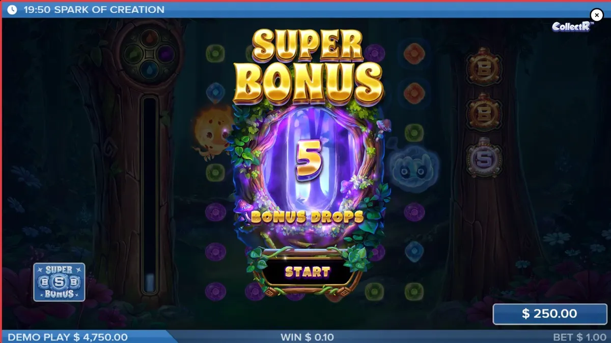 Cenário mágico e vibrante do slot Spark of Creation com criaturas elementais